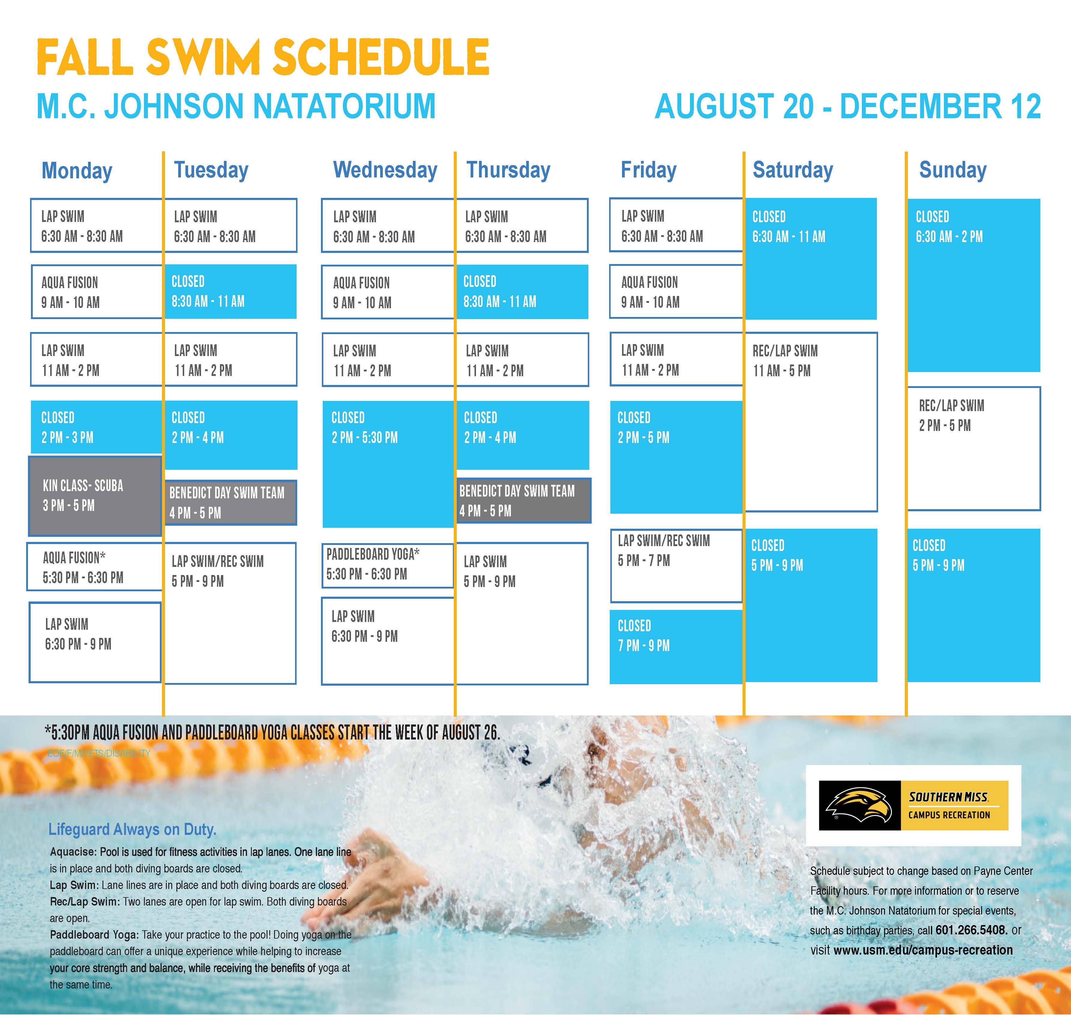 Schedules | Campus Recreation | The University of Southern Mississippi