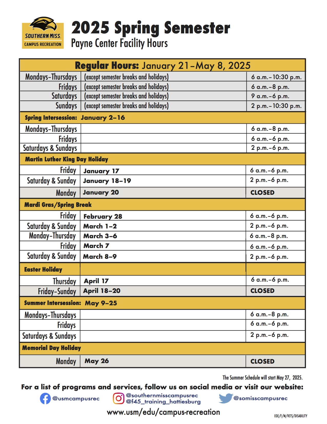 Payne Center Spring 2025 Hours