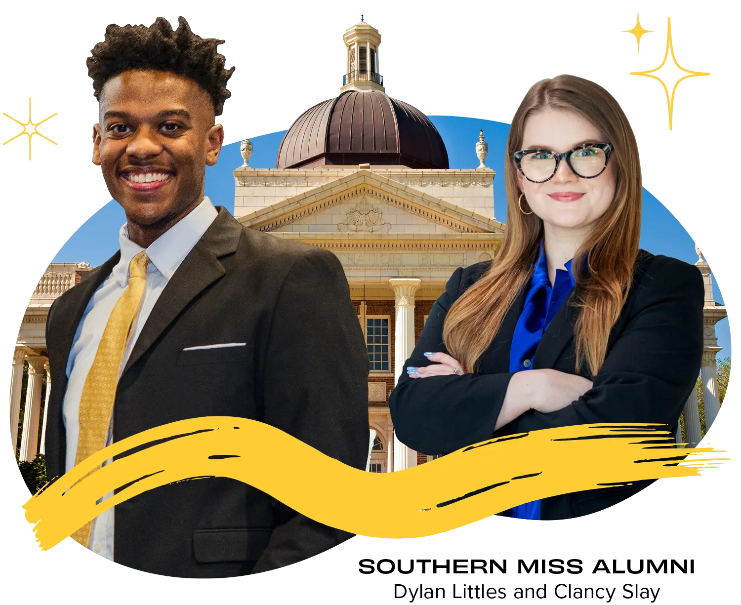 two of our alumni in front of the administration building